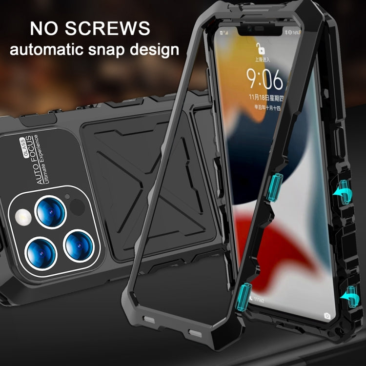 For iPhone 15 Pro Max R-JUST Metal + Silicone + Tempered Glass Life Water-resistant Phone Case with Holder(Black)