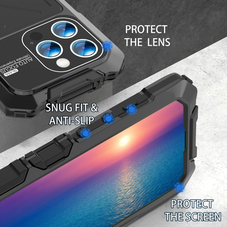 For iPhone 15 Pro Max R-JUST Metal + Silicone + Tempered Glass Life Water-resistant Phone Case with Holder(Black)
