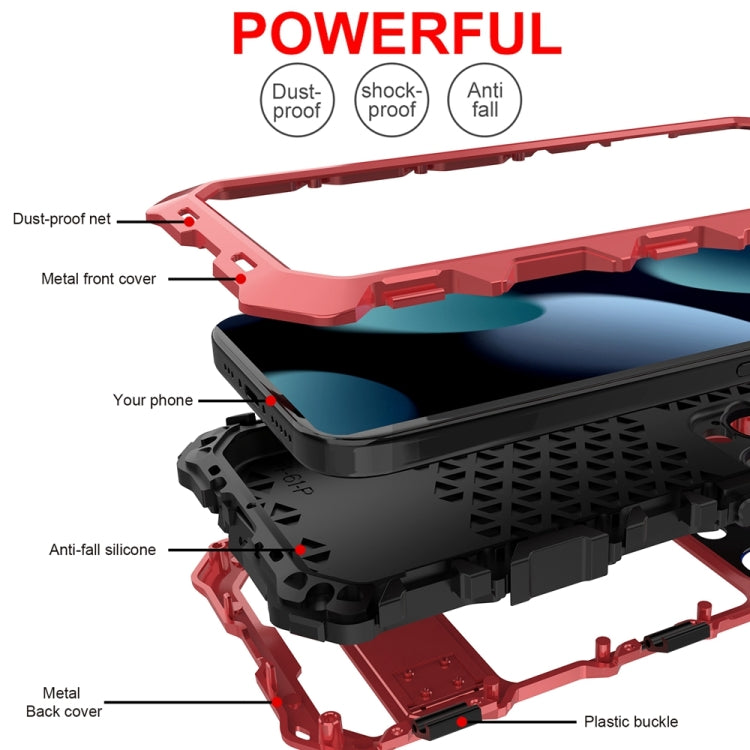 For iPhone 15 Pro Max R-JUST Metal + Silicone + Tempered Glass Life Water-resistant Phone Case with Holder(Red)