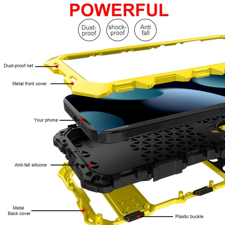 For iPhone 15 Pro Max R-JUST Metal + Silicone + Tempered Glass Life Water-resistant Phone Case with Holder(Yellow)