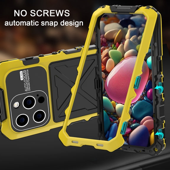 For iPhone 15 Pro Max R-JUST Metal + Silicone + Tempered Glass Life Water-resistant Phone Case with Holder(Yellow)