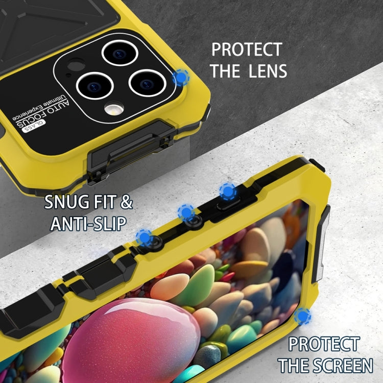 For iPhone 15 Pro Max R-JUST Metal + Silicone + Tempered Glass Life Water-resistant Phone Case with Holder(Yellow)