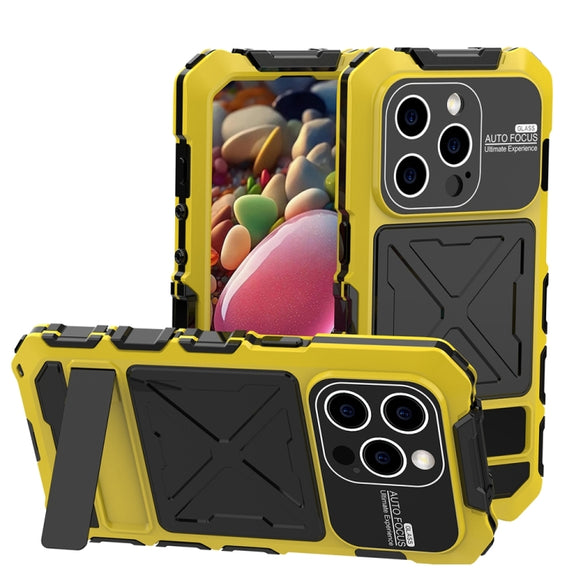 For iPhone 15 Pro Max R-JUST Metal + Silicone + Tempered Glass Life Water-resistant Phone Case with Holder(Yellow)