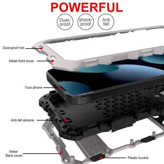 For iPhone 15 Pro Max R-JUST Metal + Silicone + Tempered Glass Life Water-resistant Phone Case with Holder(Silver)