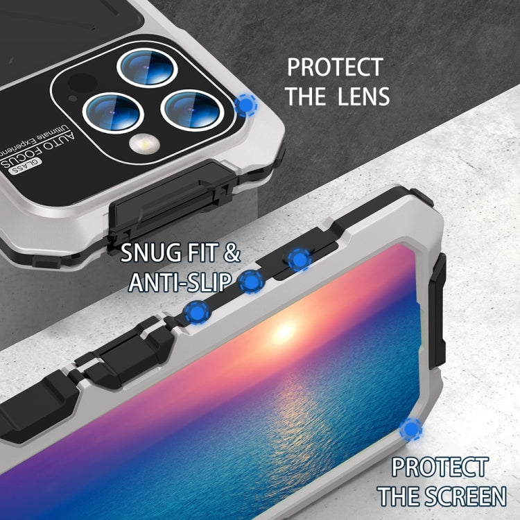 For iPhone 15 Pro Max R-JUST Metal + Silicone + Tempered Glass Life Water-resistant Phone Case with Holder(Silver)