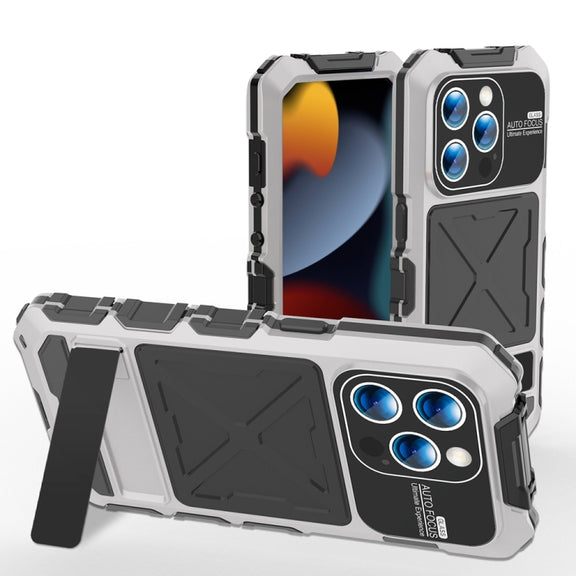 For iPhone 15 Pro Max R-JUST Metal + Silicone + Tempered Glass Life Water-resistant Phone Case with Holder(Silver)