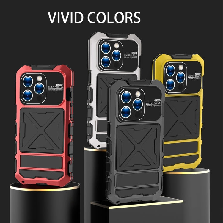 For iPhone 15 Pro Max R-JUST Metal + Silicone + Tempered Glass Life Water-resistant Phone Case with Holder(Silver)