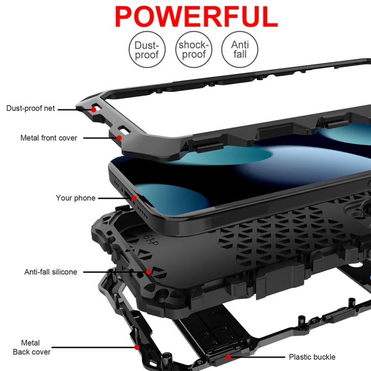 For iPhone 15 Pro R-JUST Metal + Silicone + Tempered Glass Life Water-resistant Phone Case with Holder(Black)