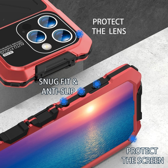 For iPhone 15 Pro R-JUST Metal + Silicone + Tempered Glass Life Water-resistant Phone Case with Holder(Red)