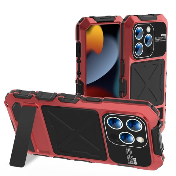 For iPhone 15 Pro R-JUST Metal + Silicone + Tempered Glass Life Water-resistant Phone Case with Holder(Red)