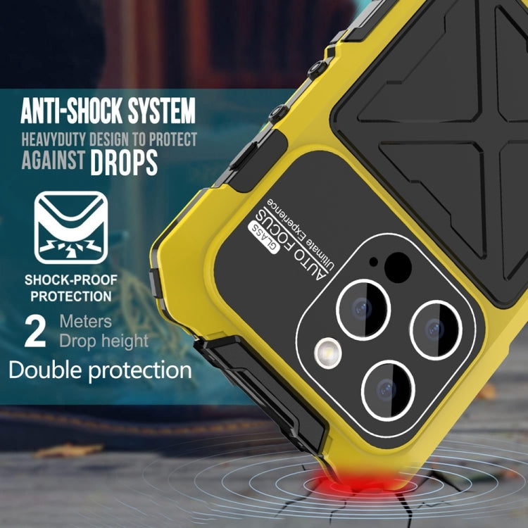 For iPhone 15 Pro R-JUST Metal + Silicone + Tempered Glass Life Water-resistant Phone Case with Holder(Yellow)