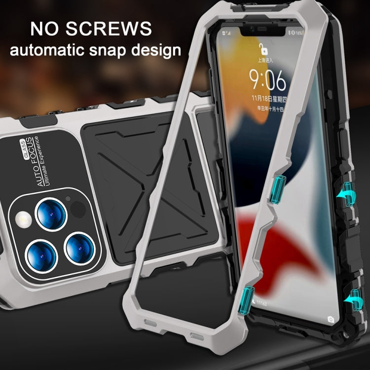 For iPhone 15 Pro R-JUST Metal + Silicone + Tempered Glass Life Water-resistant Phone Case with Holder(Silver)