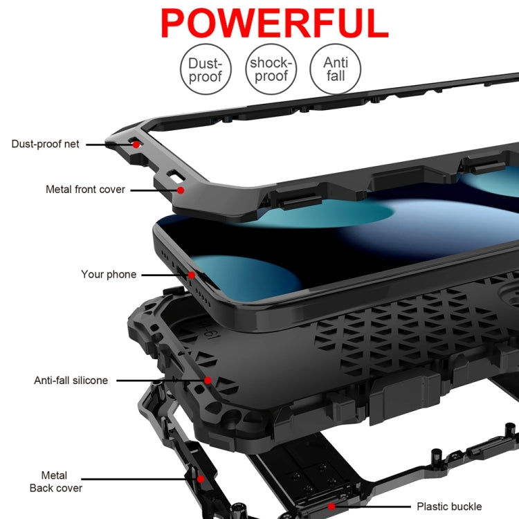 For iPhone 15 Plus R-JUST Metal + Silicone + Tempered Glass Life Water-resistant Phone Case with Holder(Black)