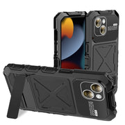 For iPhone 15 Plus R-JUST Metal + Silicone + Tempered Glass Life Water-resistant Phone Case with Holder(Black)
