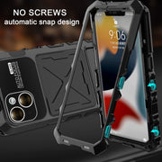 For iPhone 15 Plus R-JUST Metal + Silicone + Tempered Glass Life Water-resistant Phone Case with Holder(Black)