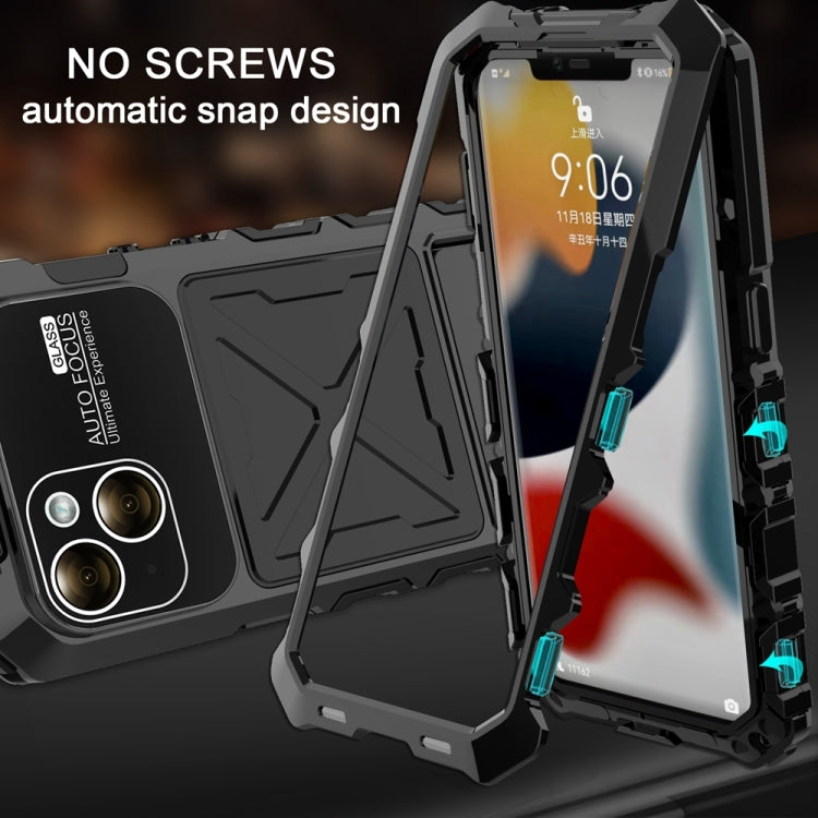 For iPhone 15 Plus R-JUST Metal + Silicone + Tempered Glass Life Water-resistant Phone Case with Holder(Black)