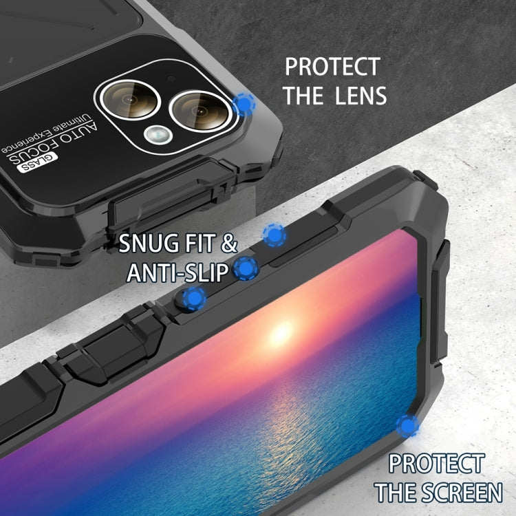 For iPhone 15 Plus R-JUST Metal + Silicone + Tempered Glass Life Water-resistant Phone Case with Holder(Black)