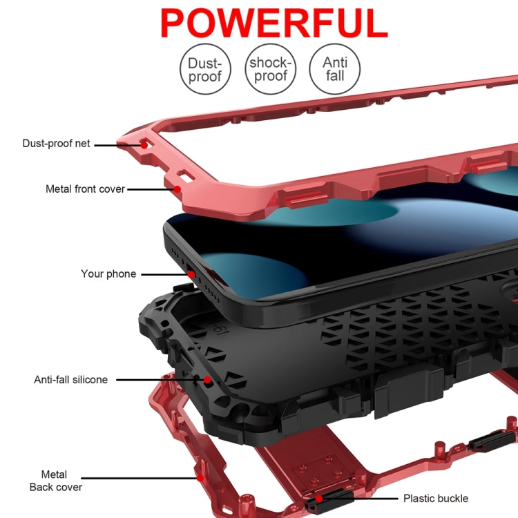 For iPhone 15 Plus R-JUST Metal + Silicone + Tempered Glass Life Water-resistant Phone Case with Holder(Red)