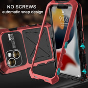 For iPhone 15 Plus R-JUST Metal + Silicone + Tempered Glass Life Water-resistant Phone Case with Holder(Red)