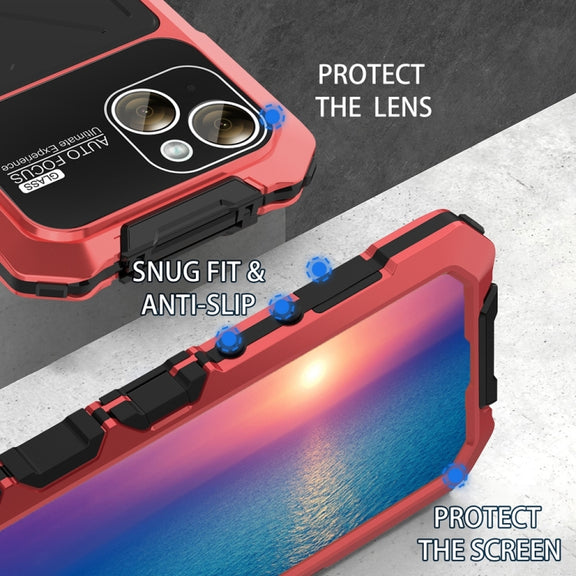 For iPhone 15 Plus R-JUST Metal + Silicone + Tempered Glass Life Water-resistant Phone Case with Holder(Red)