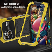 For iPhone 15 Plus R-JUST Metal + Silicone + Tempered Glass Life Water-resistant Phone Case with Holder(Yellow)