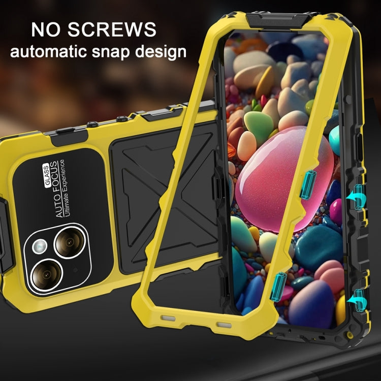 For iPhone 15 Plus R-JUST Metal + Silicone + Tempered Glass Life Water-resistant Phone Case with Holder(Yellow)
