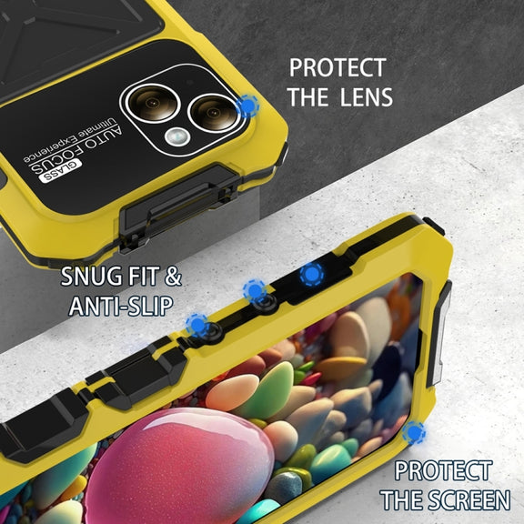For iPhone 15 Plus R-JUST Metal + Silicone + Tempered Glass Life Water-resistant Phone Case with Holder(Yellow)