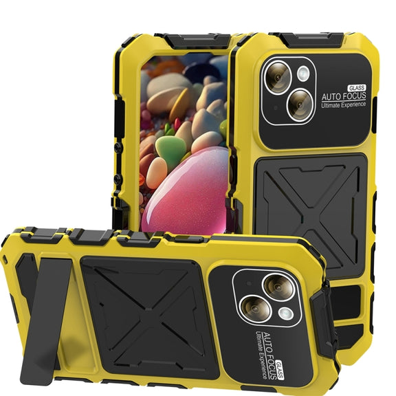 For iPhone 15 Plus R-JUST Metal + Silicone + Tempered Glass Life Water-resistant Phone Case with Holder(Yellow)