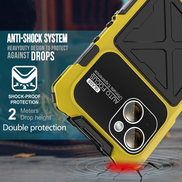 For iPhone 15 Plus R-JUST Metal + Silicone + Tempered Glass Life Water-resistant Phone Case with Holder(Yellow)