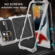For iPhone 15 Plus R-JUST Metal + Silicone + Tempered Glass Life Water-resistant Phone Case with Holder(Silver)