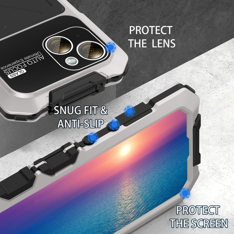 For iPhone 15 Plus R-JUST Metal + Silicone + Tempered Glass Life Water-resistant Phone Case with Holder(Silver)