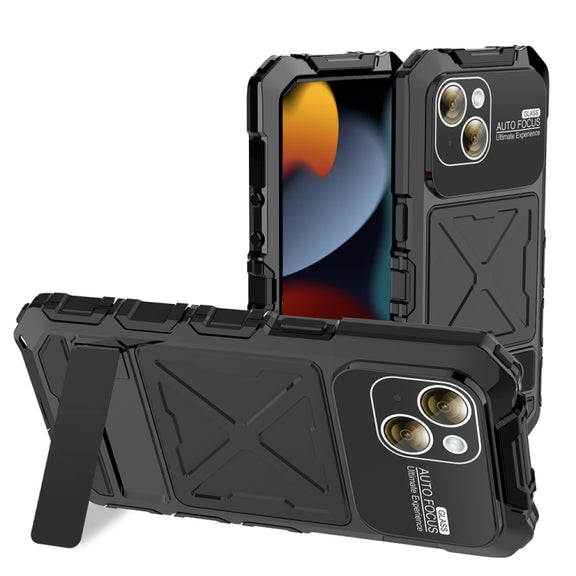 For iPhone 15 R-JUST Metal + Silicone + Tempered Glass Life Water-resistant Phone Case with Holder(Black)