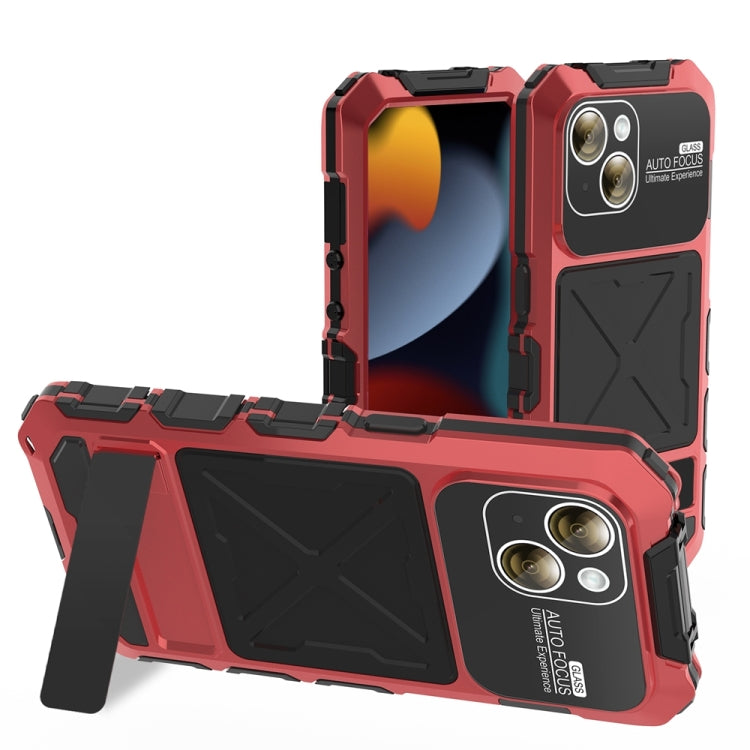 For iPhone 15 R-JUST Metal + Silicone + Tempered Glass Life Water-resistant Phone Case with Holder(Red)