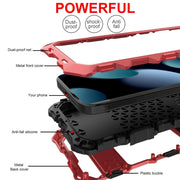 For iPhone 15 R-JUST Metal + Silicone + Tempered Glass Life Water-resistant Phone Case with Holder(Red)