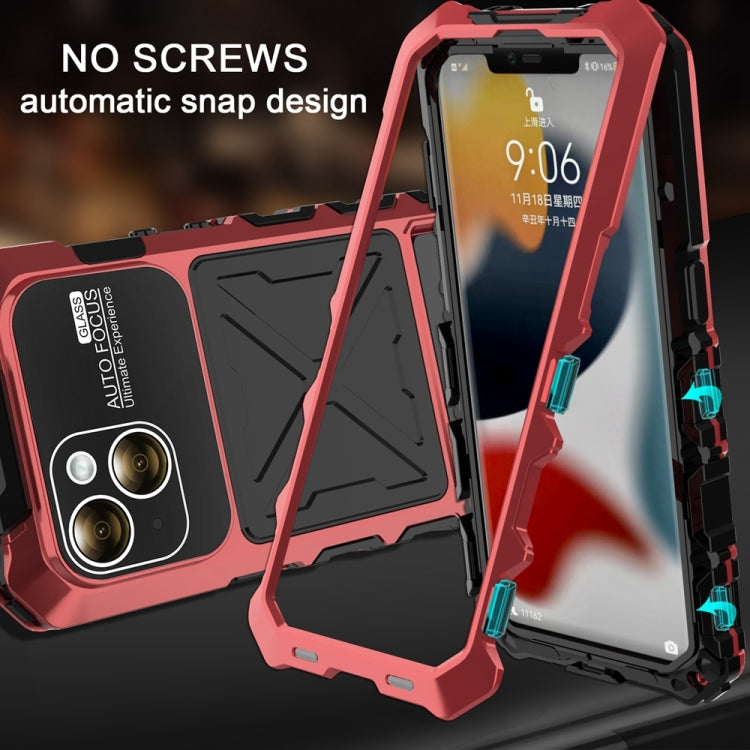 For iPhone 15 R-JUST Metal + Silicone + Tempered Glass Life Water-resistant Phone Case with Holder(Red)