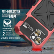 For iPhone 15 R-JUST Metal + Silicone + Tempered Glass Life Water-resistant Phone Case with Holder(Red)
