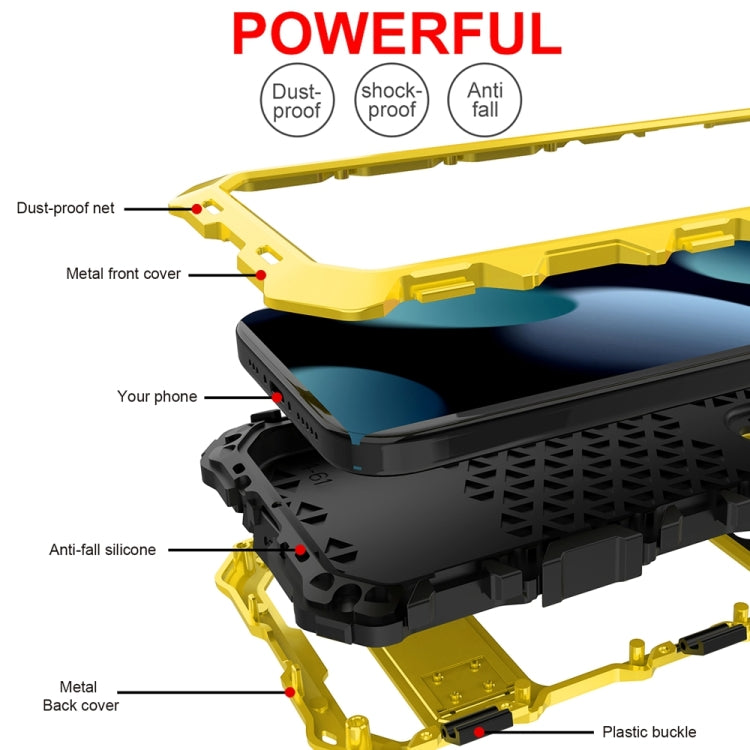 For iPhone 15 R-JUST Metal + Silicone + Tempered Glass Life Water-resistant Phone Case with Holder(Yellow)