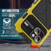 For iPhone 15 R-JUST Metal + Silicone + Tempered Glass Life Water-resistant Phone Case with Holder(Yellow)