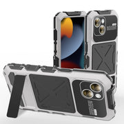 For iPhone 15 R-JUST Metal + Silicone + Tempered Glass Life Water-resistant Phone Case with Holder(Silver)