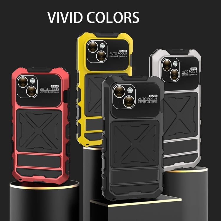 For iPhone 15 R-JUST Metal + Silicone + Tempered Glass Life Water-resistant Phone Case with Holder(Silver)