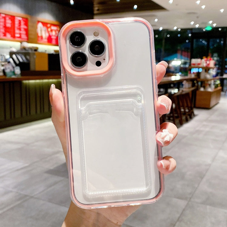 For iPhone 15 360 Clear PC Hybrid  TPU Phone Case with Card Slot(Pink)