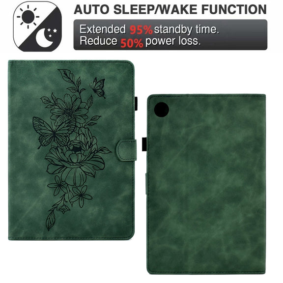For Samsung Galaxy Tab A9+ Peony Butterfly Embossed Leather Smart Tablet Case(Green)