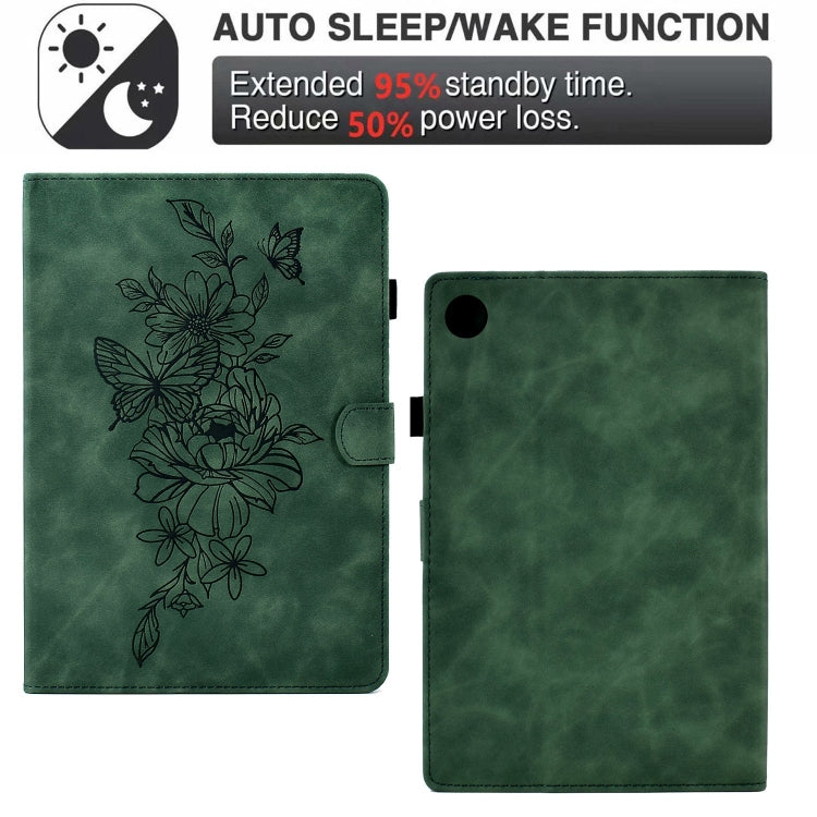 For Samsung Galaxy Tab A9+ Peony Butterfly Embossed Leather Smart Tablet Case(Green)