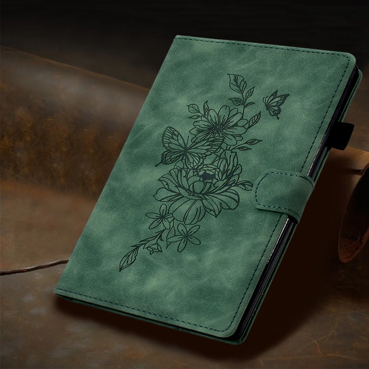 For Samsung Galaxy Tab A9+ Peony Butterfly Embossed Leather Smart Tablet Case(Green)