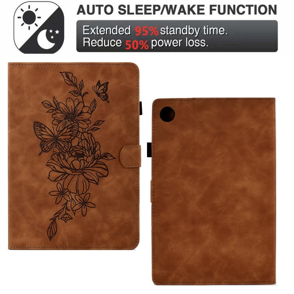 For Samsung Galaxy Tab A9+ Peony Butterfly Embossed Leather Smart Tablet Case(Brown)