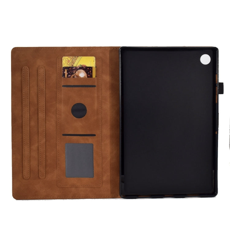 For Samsung Galaxy Tab A9+ Peony Butterfly Embossed Leather Smart Tablet Case(Brown)