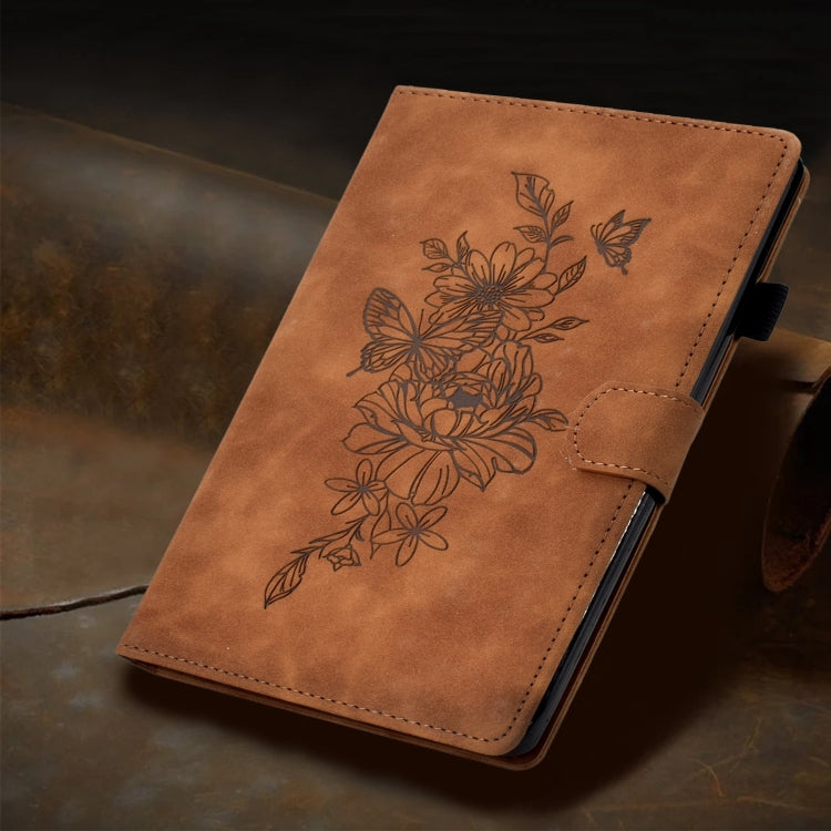 For Samsung Galaxy Tab A9+ Peony Butterfly Embossed Leather Smart Tablet Case(Brown)
