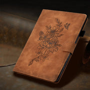 For Samsung Galaxy Tab A9+ Peony Butterfly Embossed Leather Smart Tablet Case(Brown)