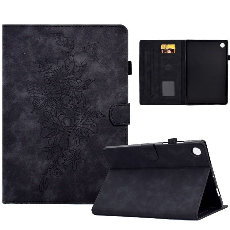For Samsung Galaxy Tab A9+ Peony Butterfly Embossed Leather Smart Tablet Case(Black)