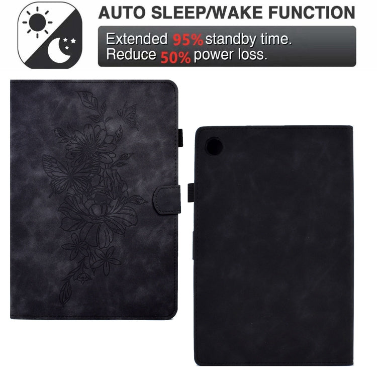 For Samsung Galaxy Tab A9+ Peony Butterfly Embossed Leather Smart Tablet Case(Black)